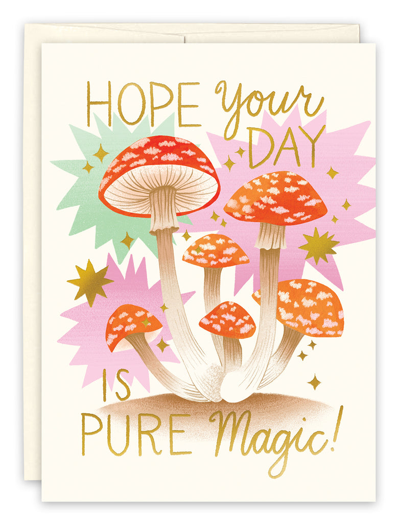 front cover of card has multiple mushrooms with purple and blue burst behind it and text listed in description with a white envelope behind it on a white background