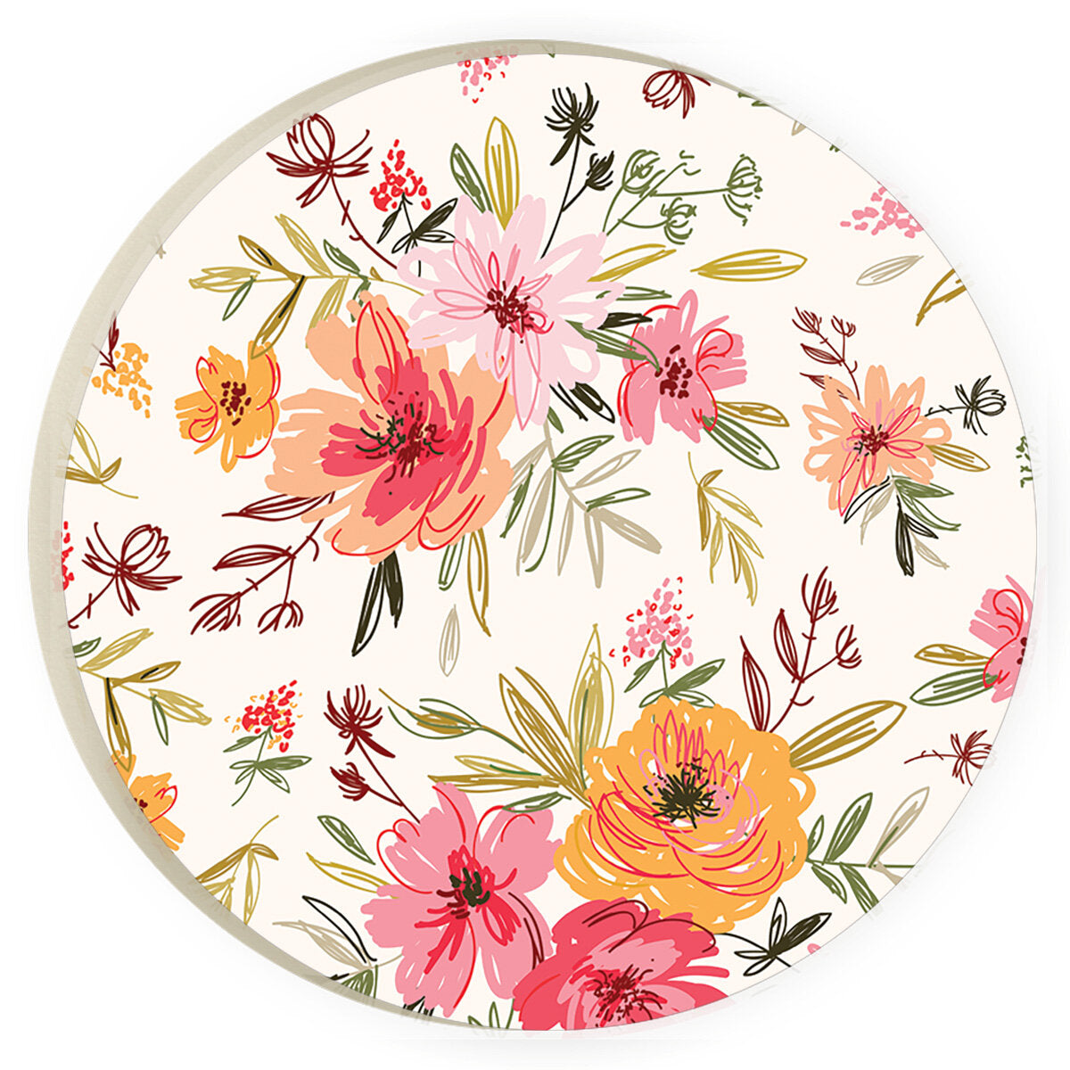 floral print round coaster is white with large light pink, orange, yellow, and pink flowers all over and displayed on a white background