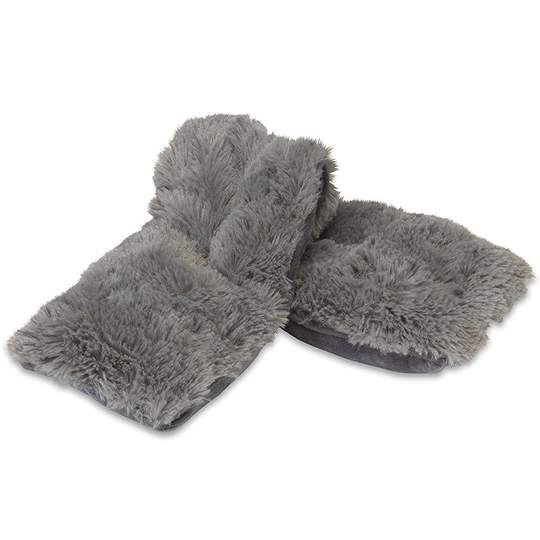 dark grey plush neck wrap on white background.