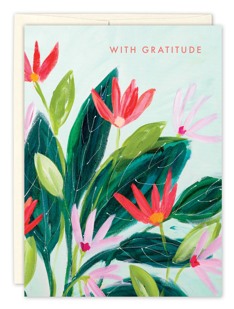 front of card is pale blue with bright pink and light pink birds of paradise flowers and text listed in description