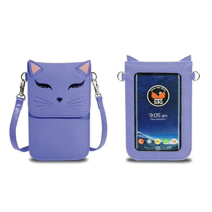 front and back view of the blue just for fun cat purse against a white background