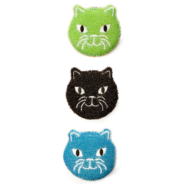 all three colors of cat sponges displayed on a white background