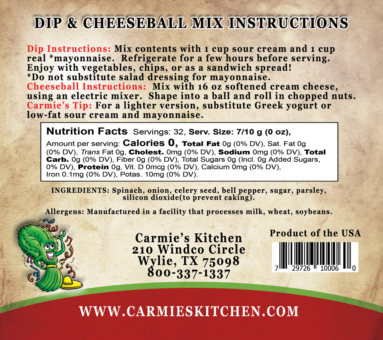 Nutrition facts and ingredients on the back of the package. For more information call 501-327-2182.