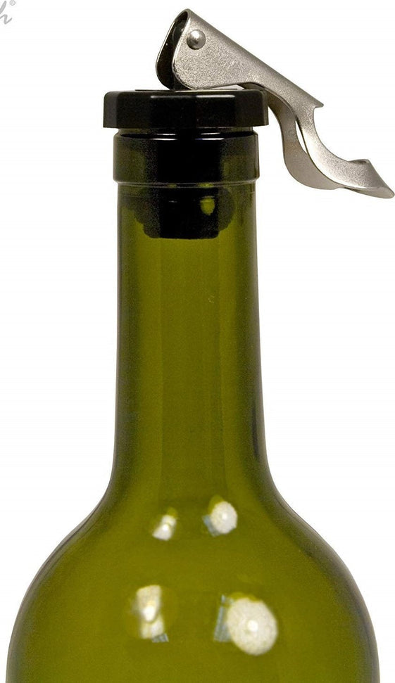 a lever bottle stopper on a wine bottle on a white background