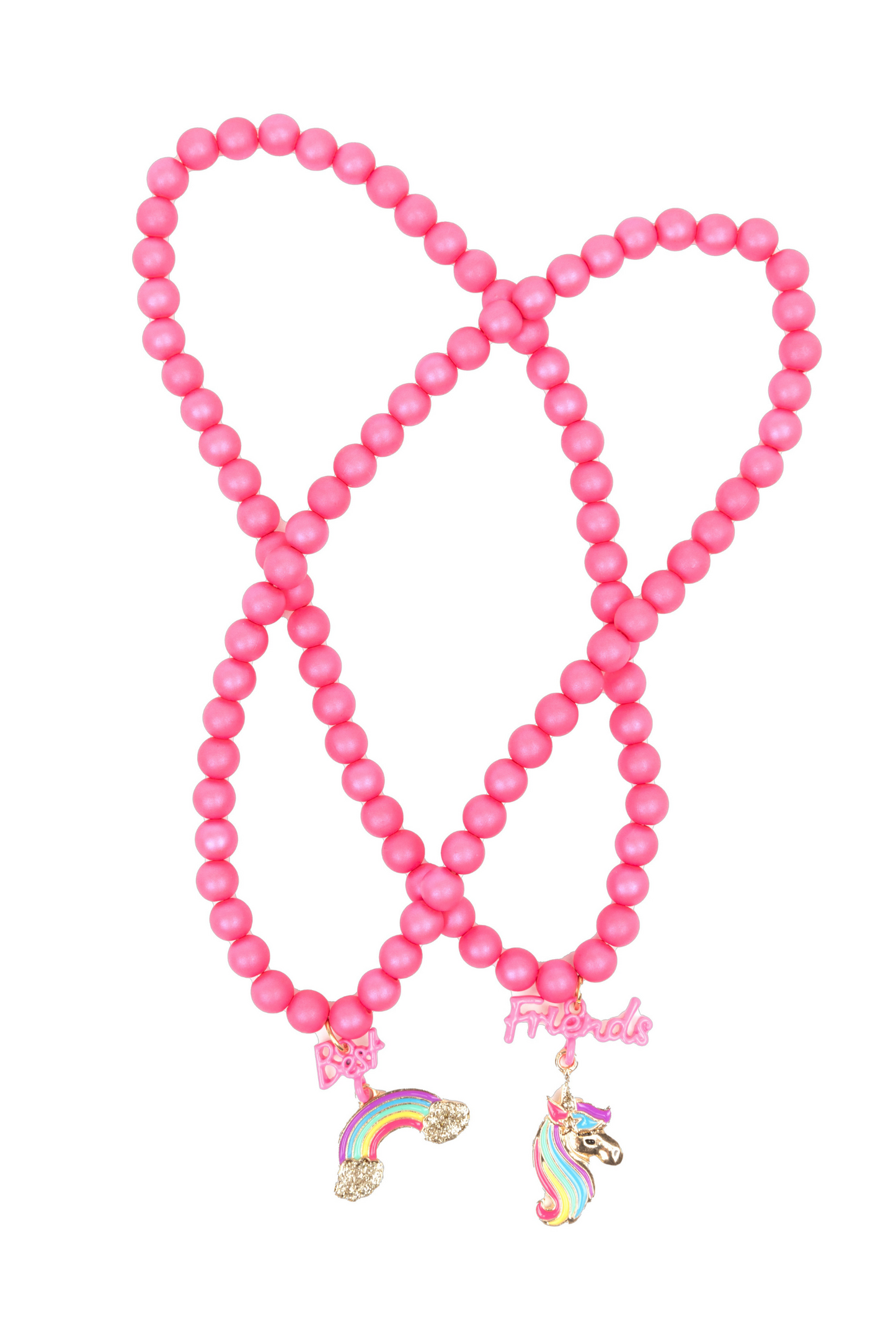 the best friends rainbow and unicorn necklace set on a white background