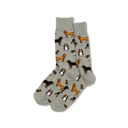 heather gray multi dogs crew socks displayed flat on a white background