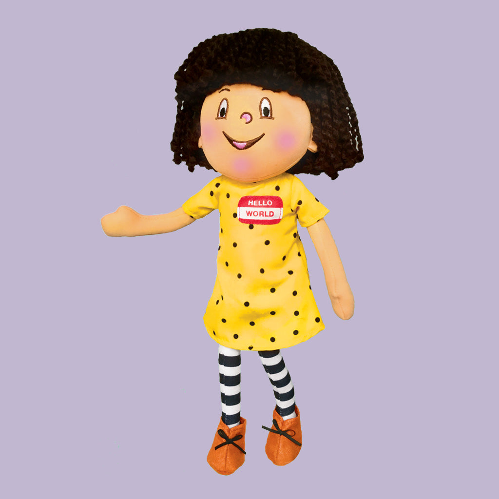 the hello world plush doll on a purple background