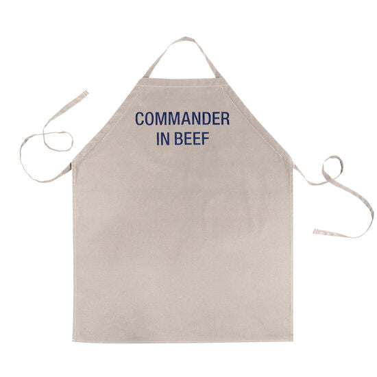 gray apron with sentiments "commander in beef" on a white background