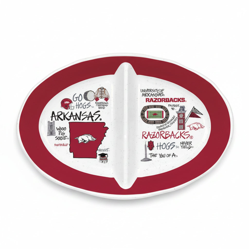 A divided serving dish with Arkansas Razorbacks branding, featuring red and white colors with graphic elements such as a football, stadium, and text.