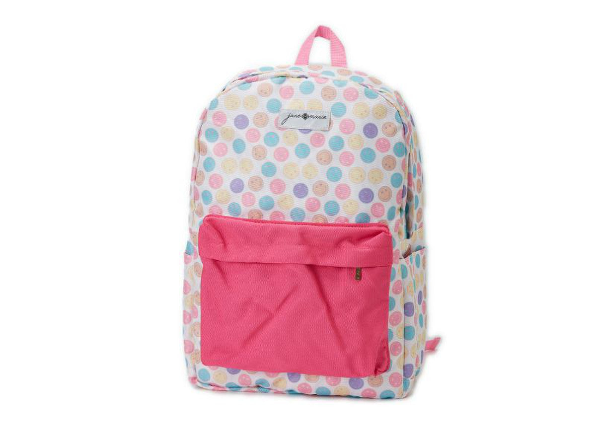 color me happy kids backpack has multi pastel colored dots scattered all over displayed on a white background