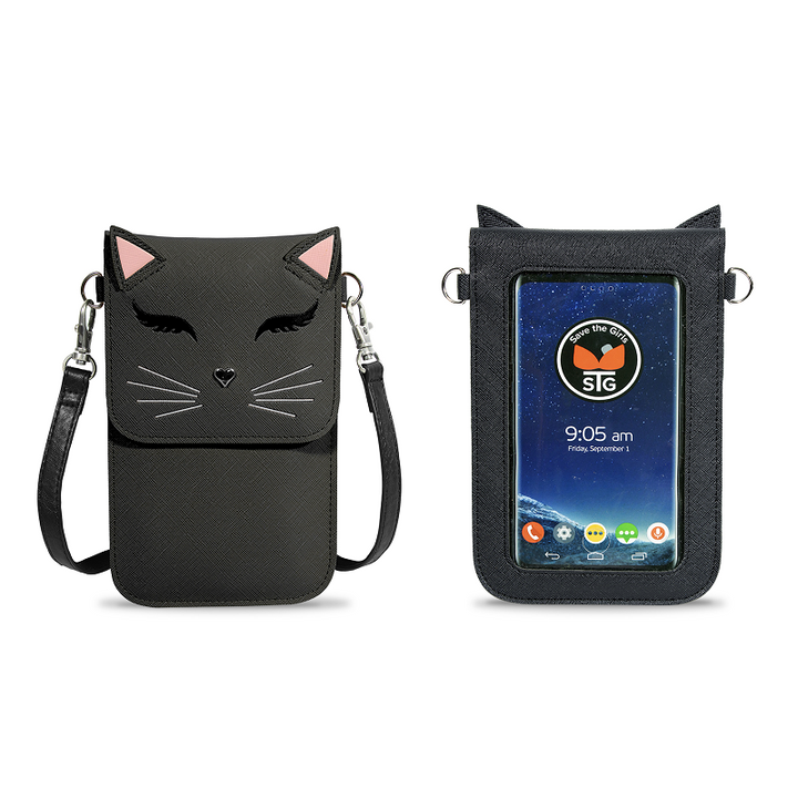 front and back view of the black just for fun cat purse against a white background