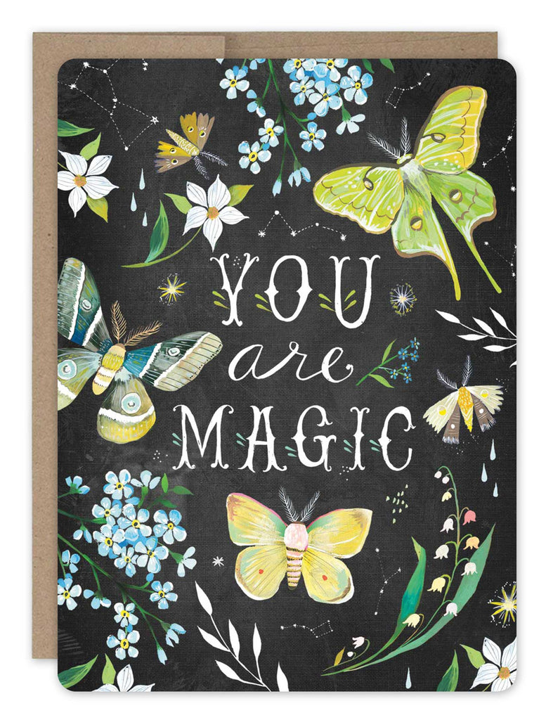 front cover of card is black with green and yellow moths, blue and white flowers, white text listed in the description with a natural envelope behind it on a white background