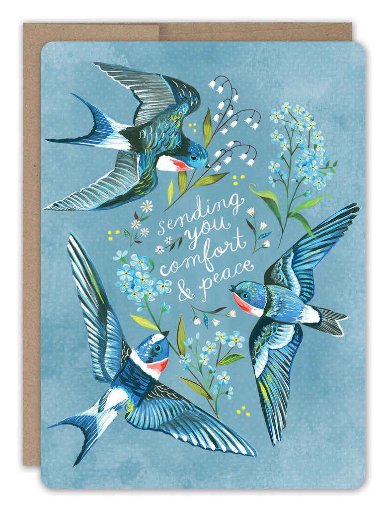 front cover of card is blue with three blue swallows flying with flowery twigs and text listed in the description with a natural envelope behind it on a white background