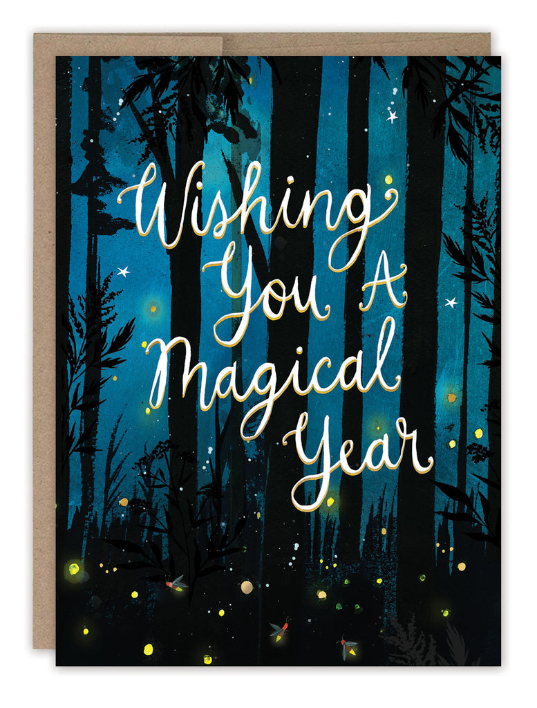 front cover of card has the night peering through the dark forest with text listed in description with a natural envelope behind it on a white background