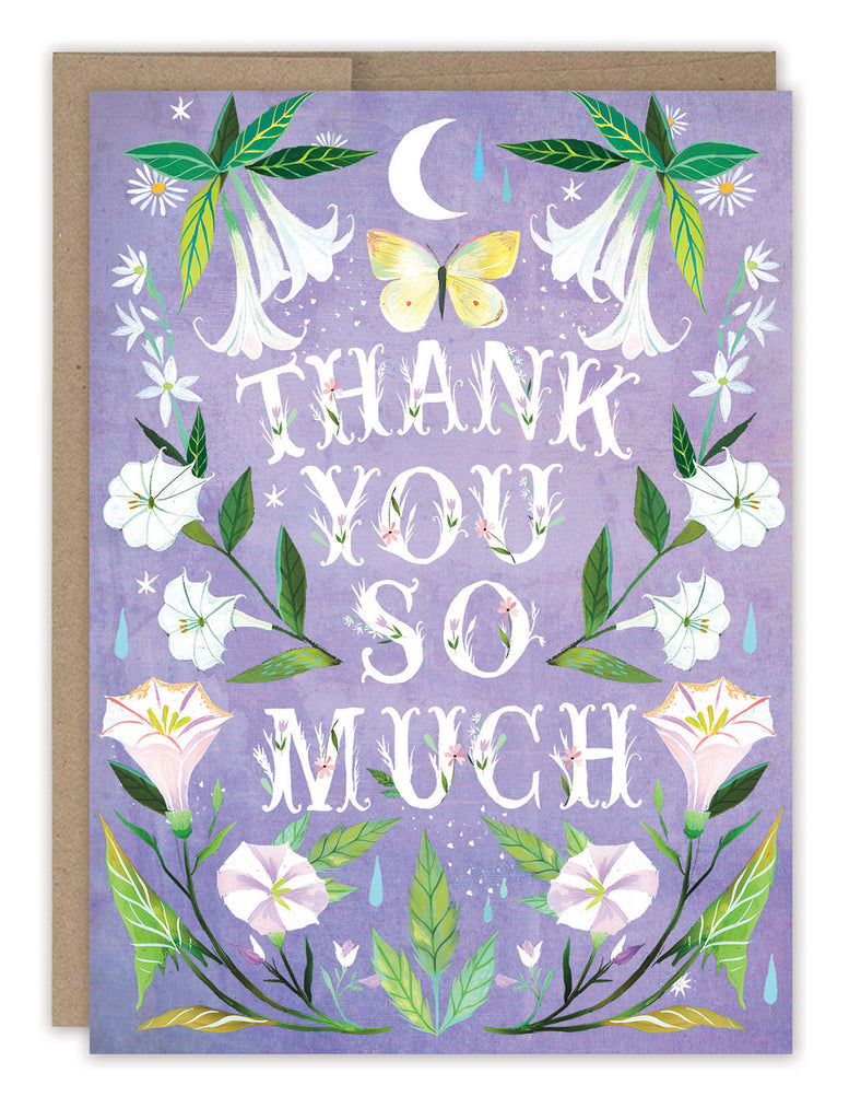 front cover of card is purple with white flowers with luscious leave surrounding text listed in the description with a natural envelope on a white background