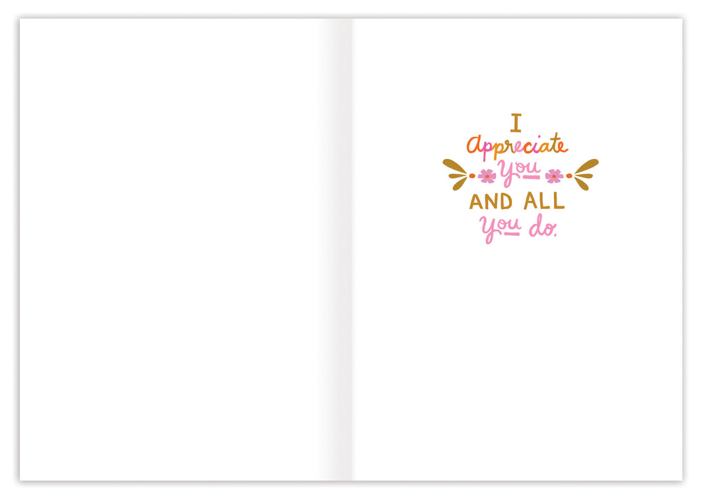 inside of card is white with brown and purple text listed in the description