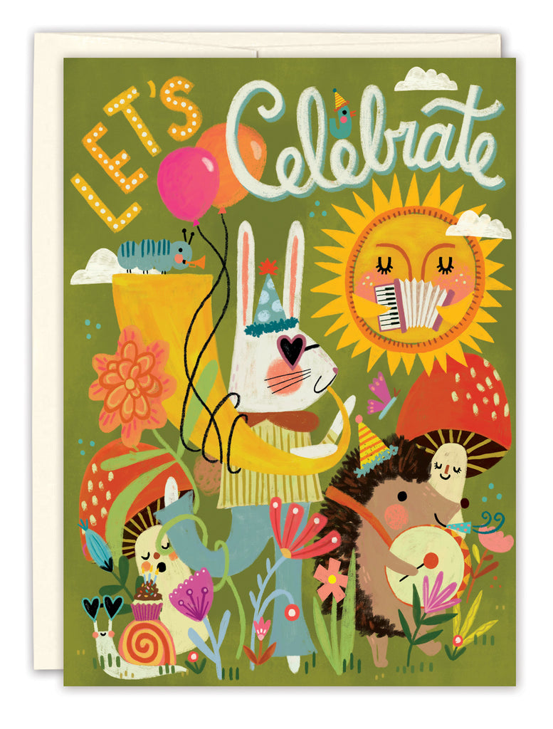 front cover of card is green with a rabbit, hedgehog, sun, and balloons with text listed in the description with a white envelope behind it on a white background