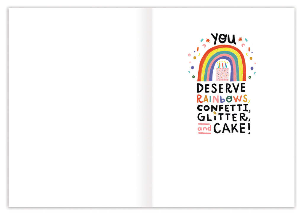 inside view of card is white with a rainbow and colorful text listed in the description