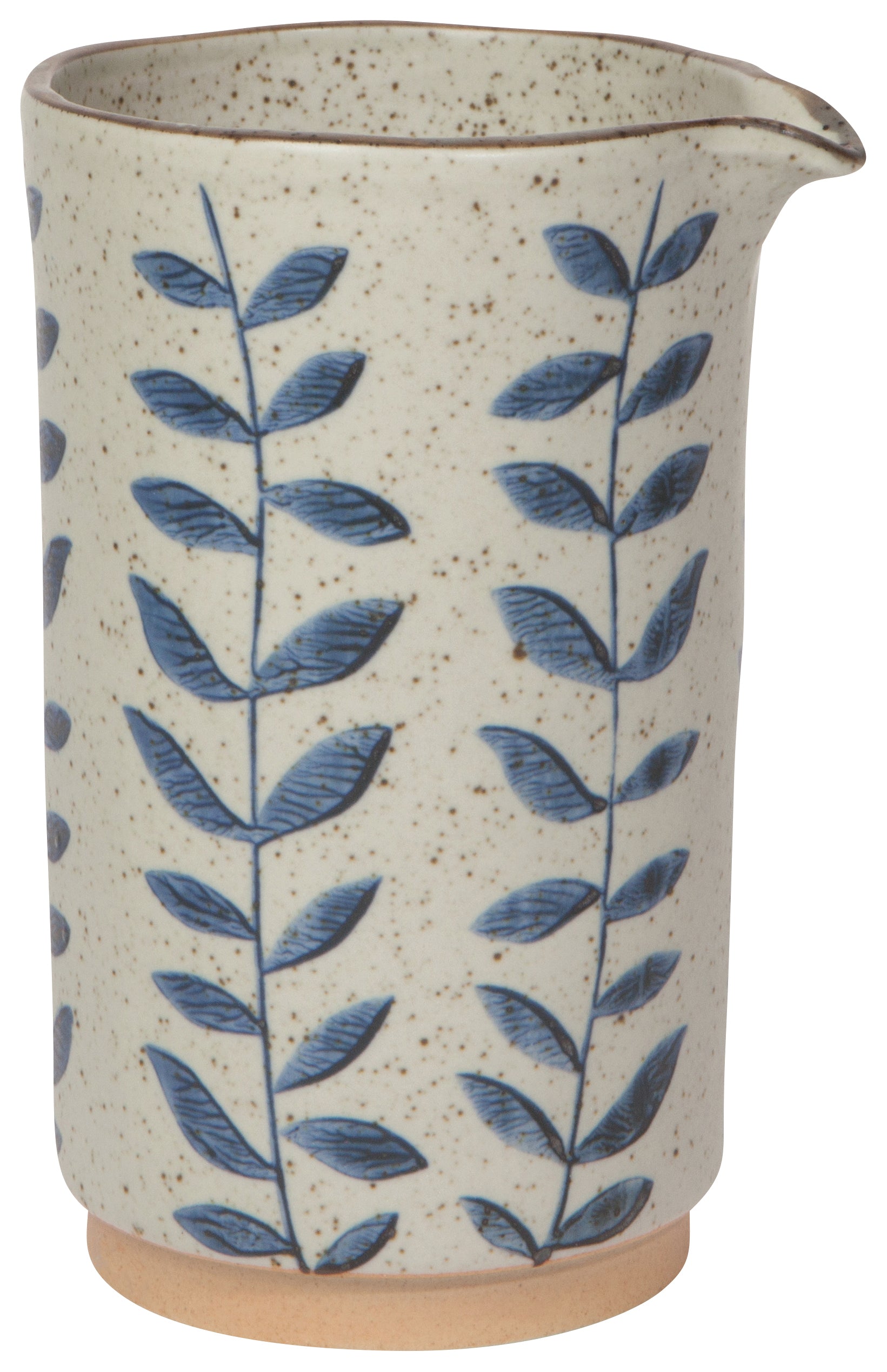 off-white speckled cream pitcher with a vertical blue vine design.
