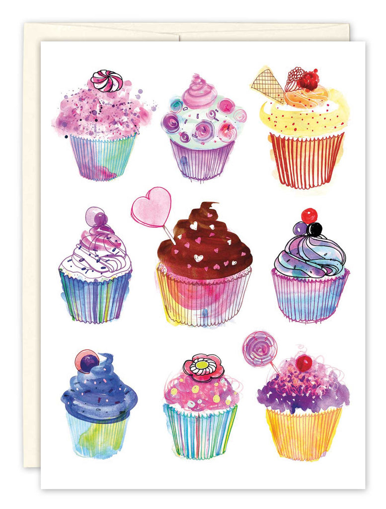 front of card is white with nine different colorful cupcakes with a white envelope behind in on a white background