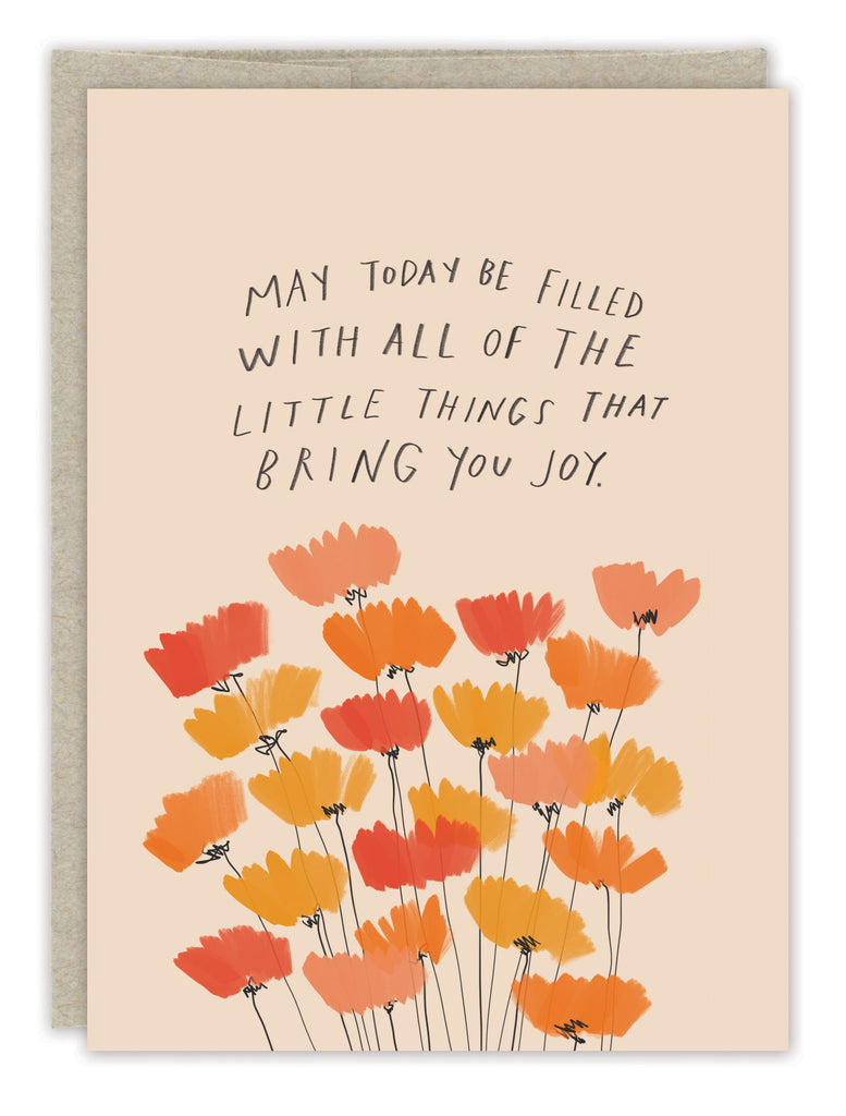 front cover of card is pale pink with dark pink, orange, and coral flowers with text listed in description with a natural envelope behind it on a white background