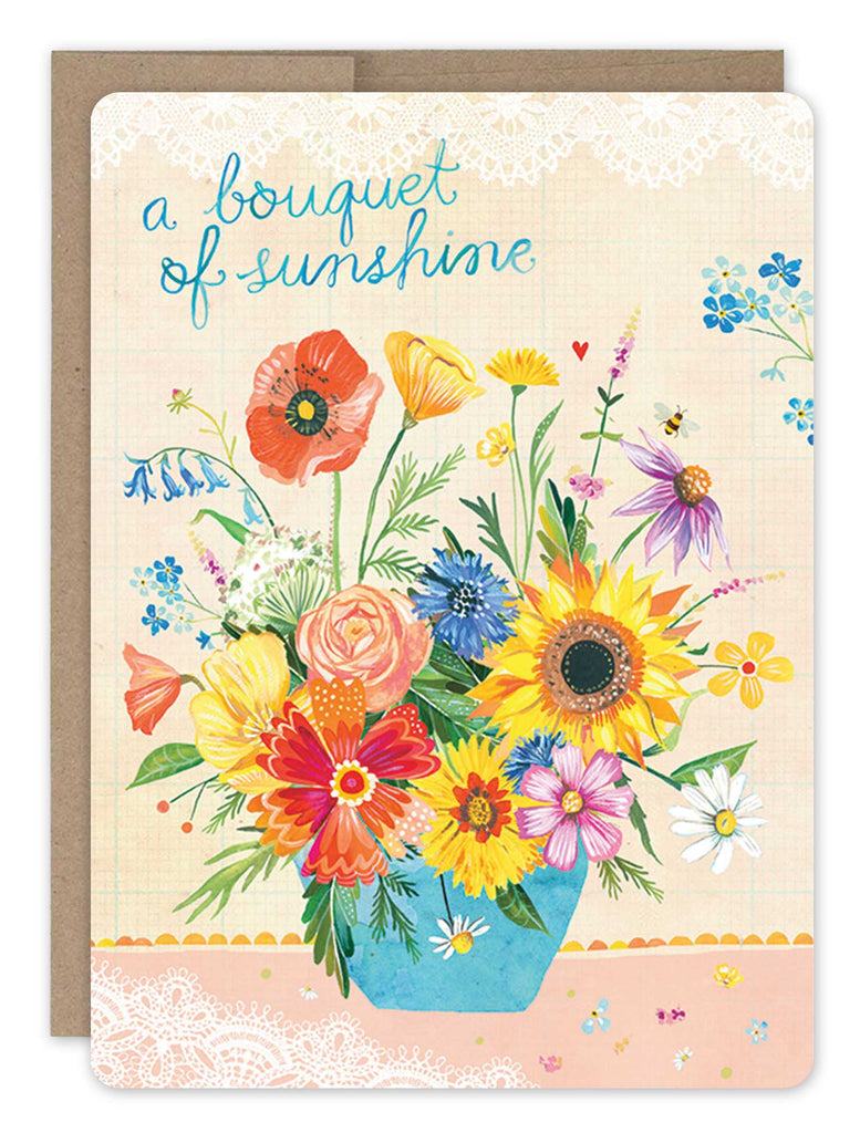 front of card has a blue vase full of bright colorful flowers with text listed in description with a natural envelope behind it on a white background