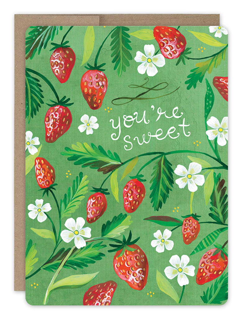front cover of card is green with red strawberries, green vines, white flowers, and text listed in the description with a natural envelope behind it on a white background
