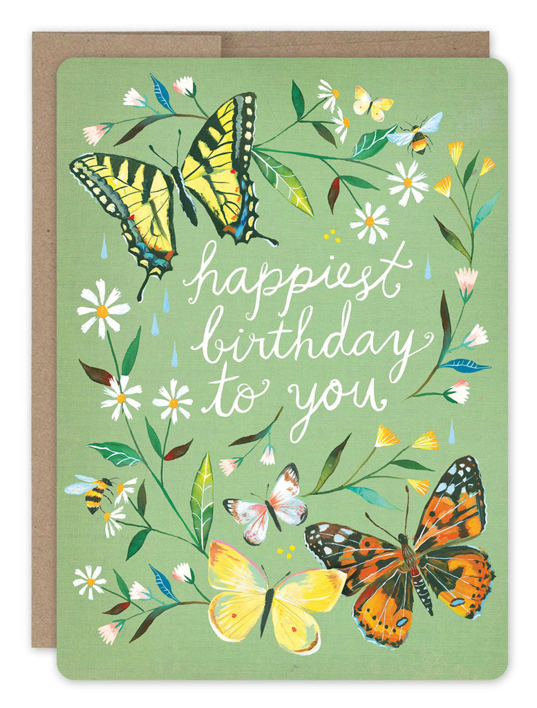 front of card is light green with a wreath of small flowers, bees, and butterflies surround text listed in the description with a natural envelope on a white background