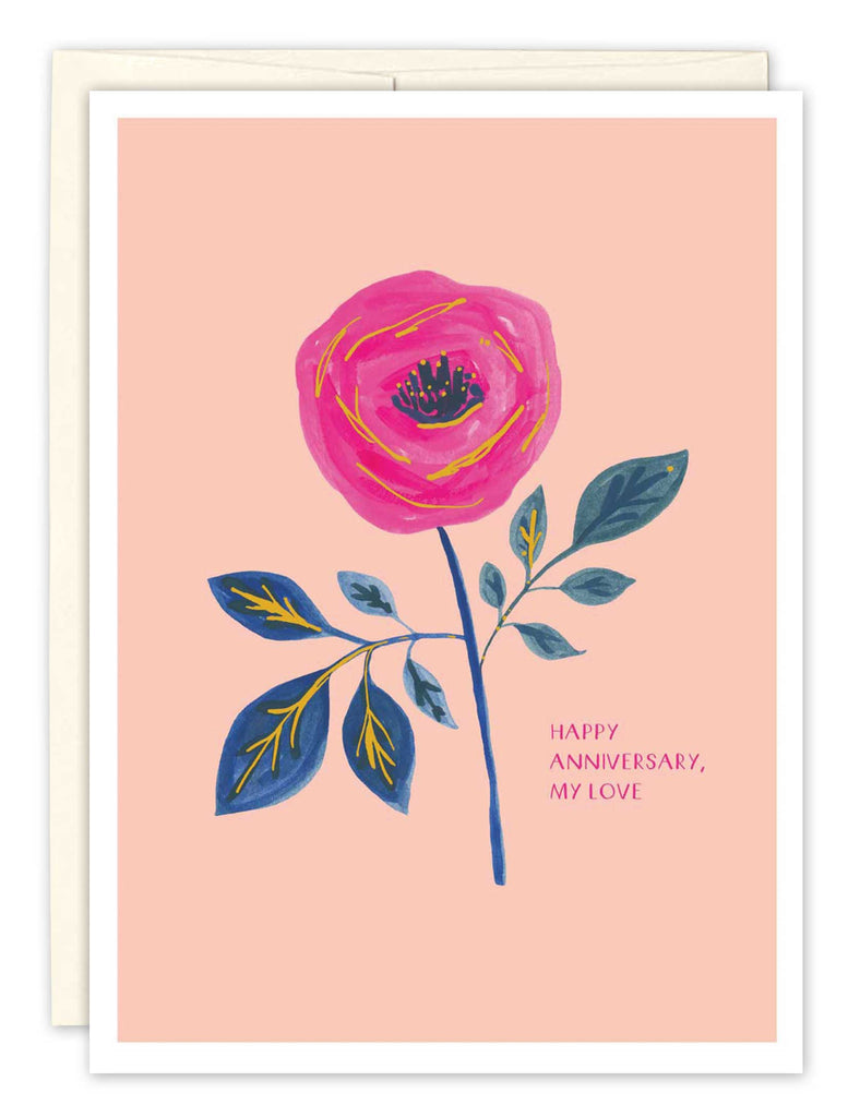 front cover of card is pink with a prink rose with blue stem and leaves and text listed in the description with a white envelope behind it on a white background