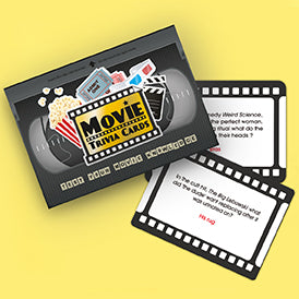 the movie trivia package and two trivia cards on a yellow background