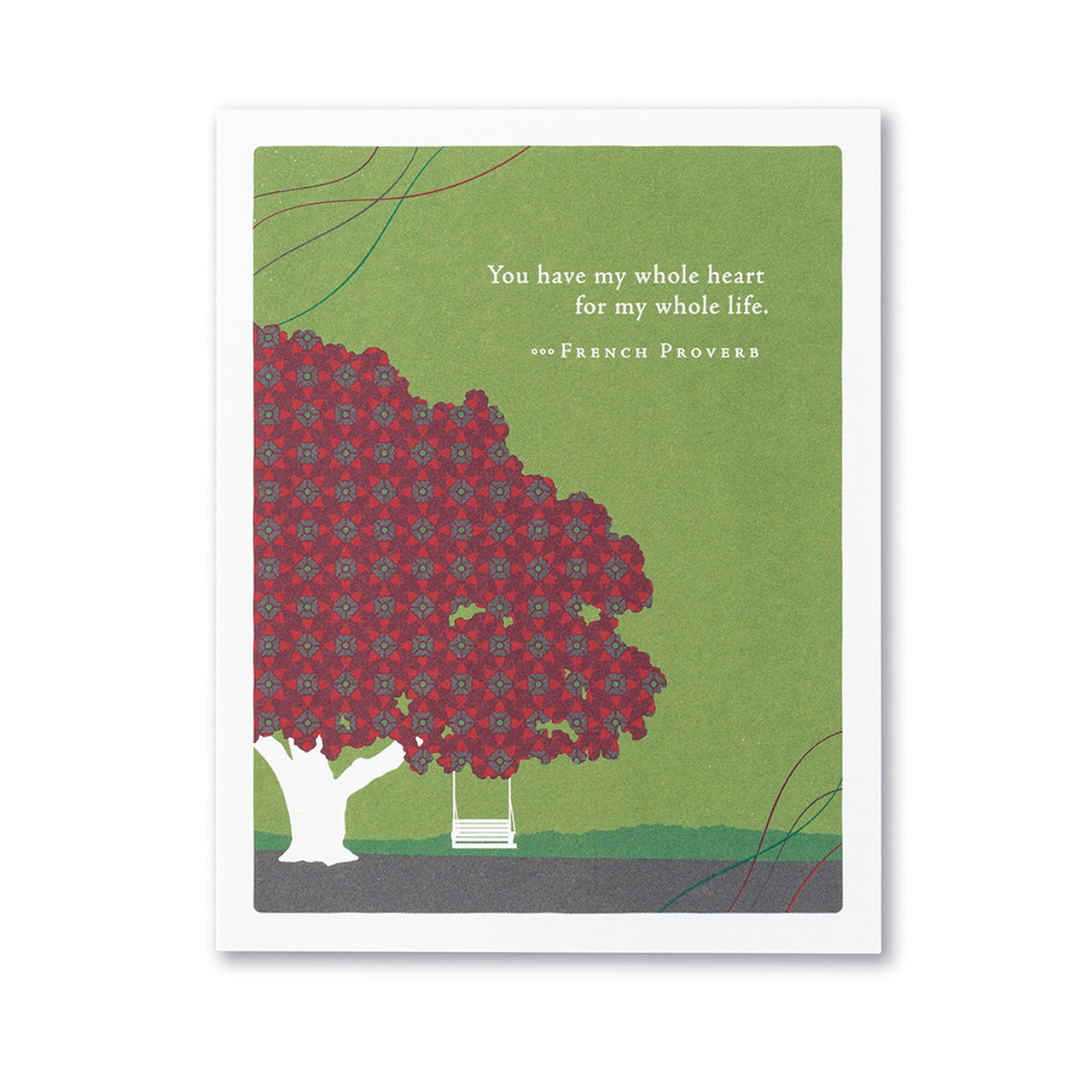 front of card is a drawing of a tree with a swing