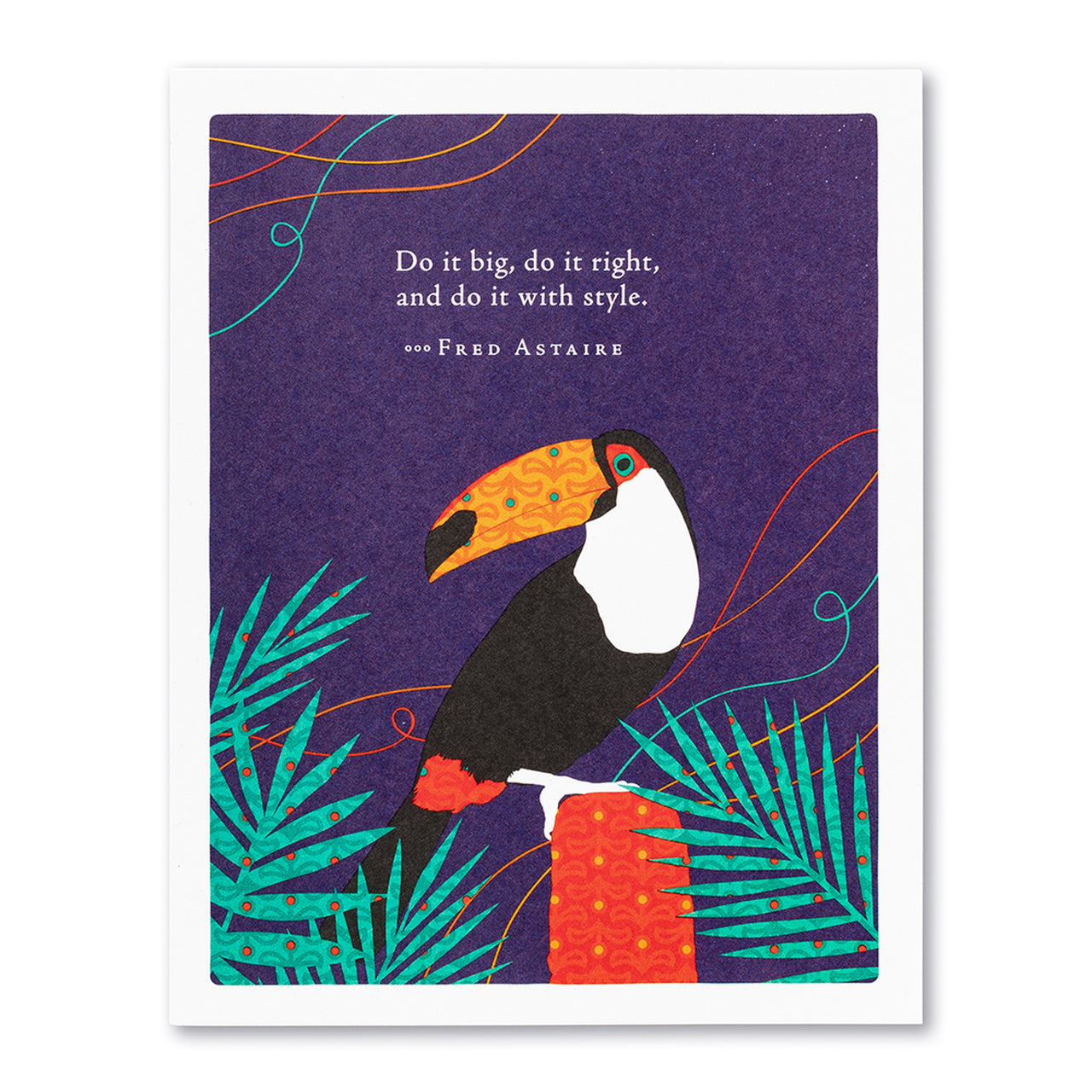 front is a toucan on a stoop with leaves and text