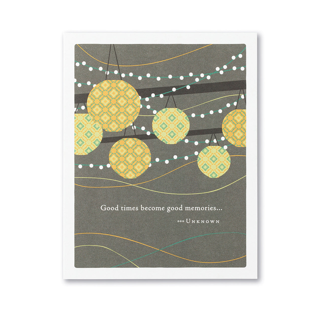 front is hanging lights and balloons with text
