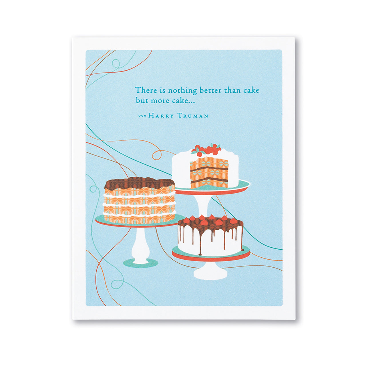 front are three cakes on pedestals and text