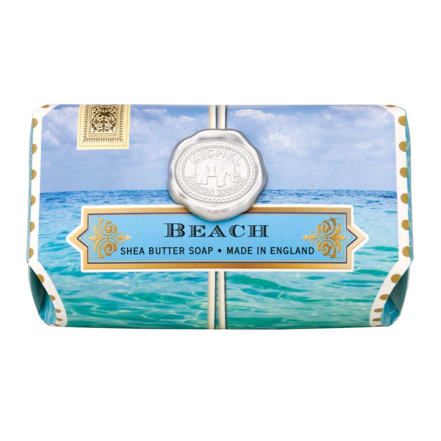 beach shea butter bar soap in package on a white background