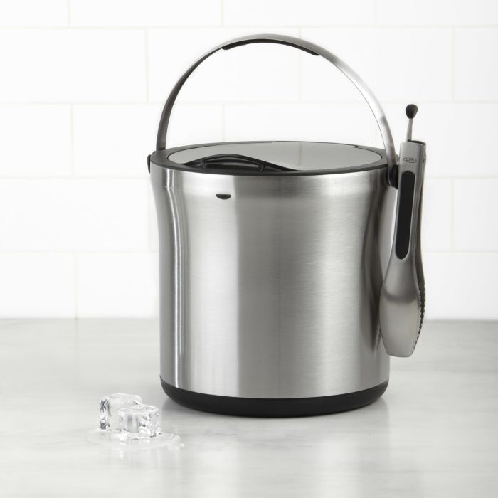 OXO Stainless Steel Ice Bucket Double Wall Includes Tongs and Tong Holder  P&G