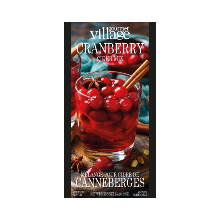 individual packet of hot cranberry cider mix displayed against a white background