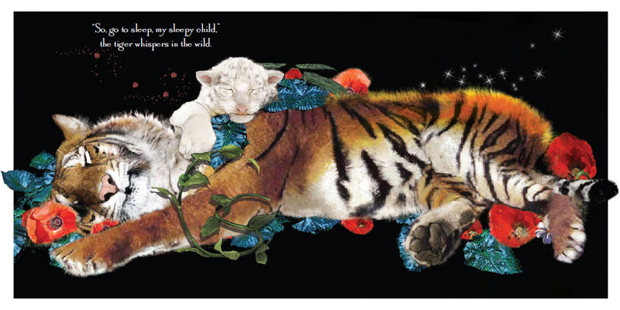 next set of pages are black with a sleeping tiger surrounded by red flowers and white text