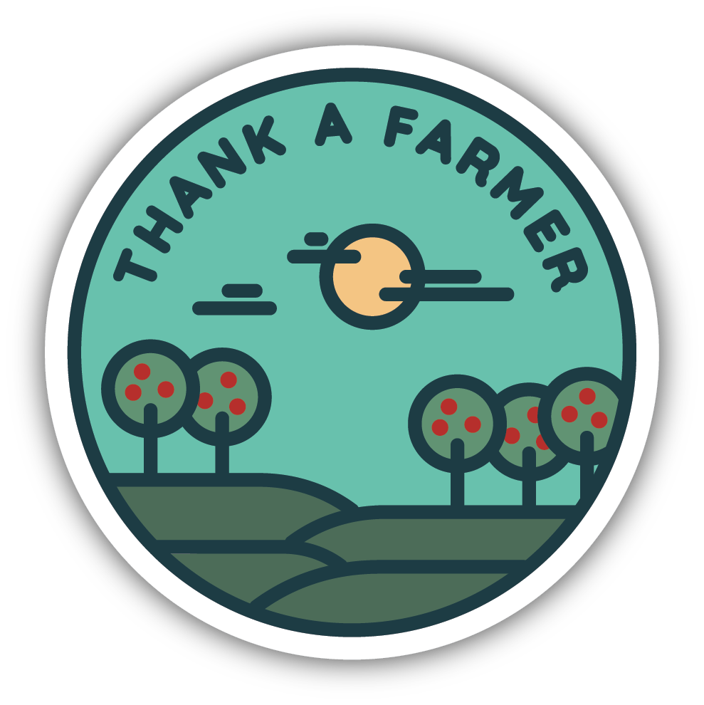 cartoon stylized image of an orchard with text "thank a farmer"