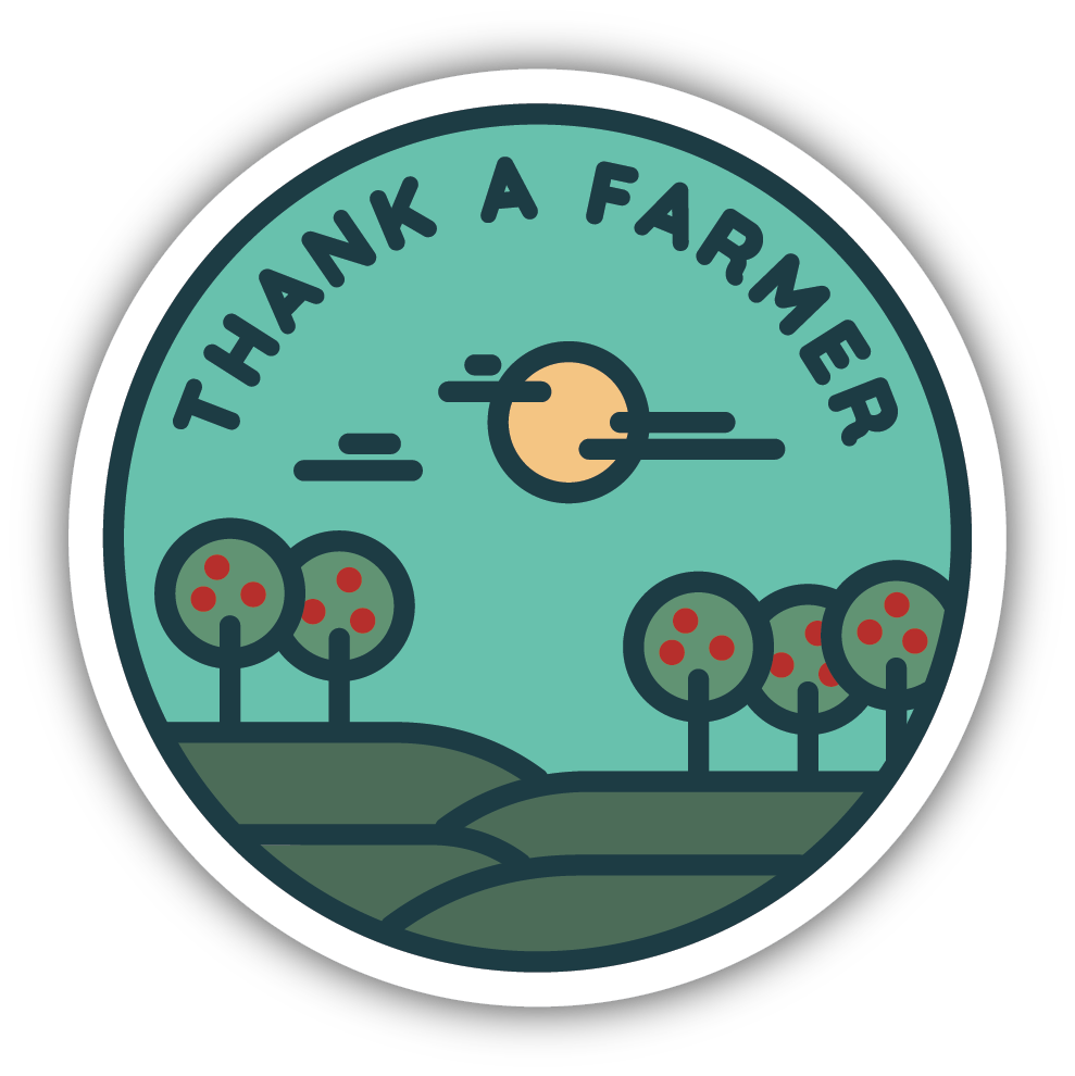 sticker on white background. round sticker has blue background and graphic of countryside with apple trees and the sun. "thank a farmer" is written along the top.