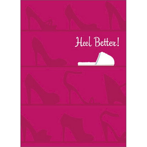 front of card is hot pink with shadows of heels and a white slipper and white text listed in the description