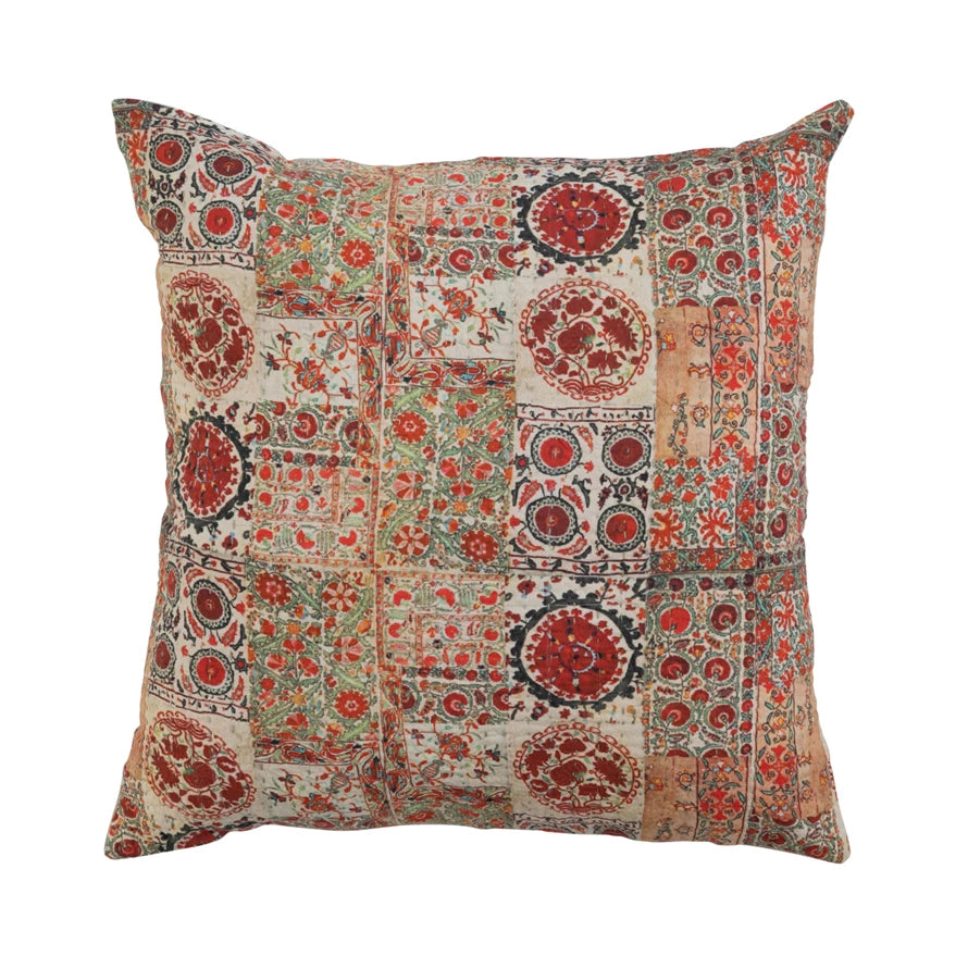 printed pillow with kantha stitching and chambray back on a white background