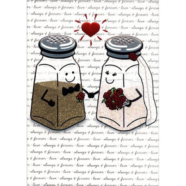 front cover of card is white and filled with small text and a mr pepper shaker and a mrs salt shaker