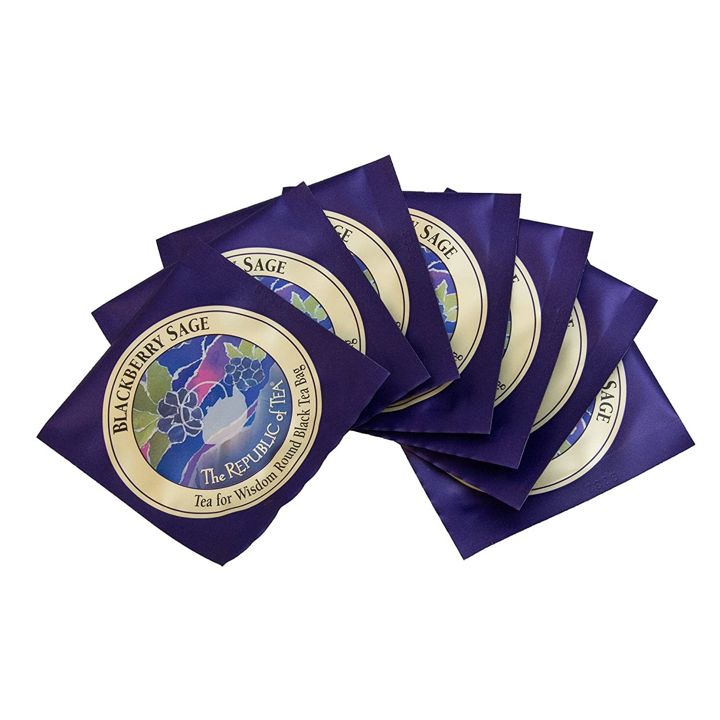 multiple individual blackberry sage tea bags spread across a white background