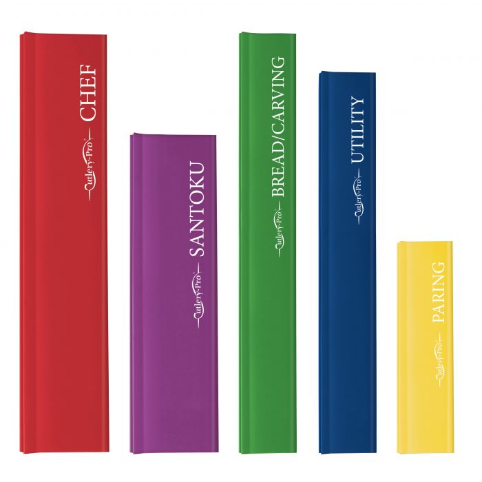 the set of five knife blade guards on a white background