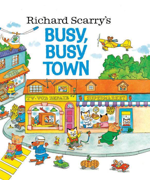 front cover of book with a town of animals, title, authors name