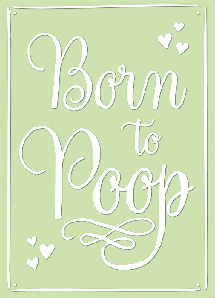 front of card is pale green with white italic text 