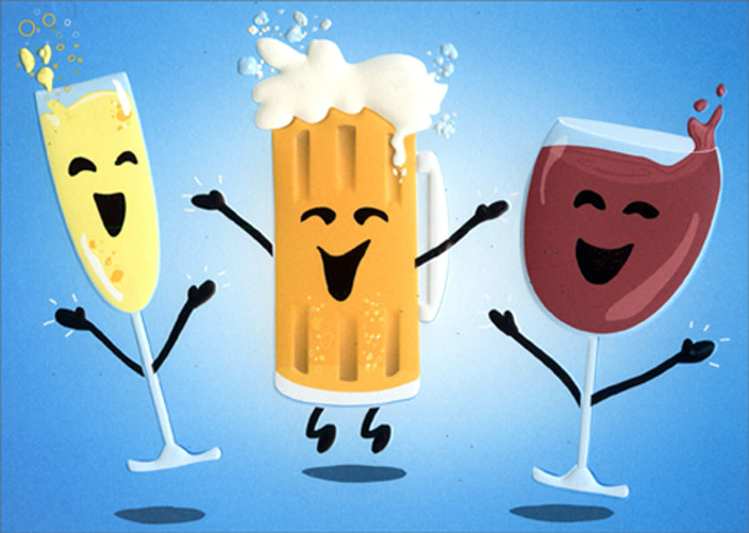 front of card is a drawing of drinking glasses with faces and arms cheers with happy faces