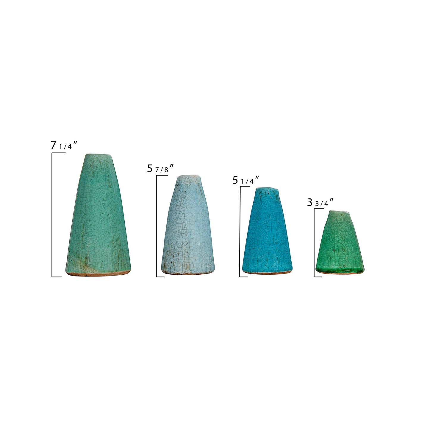 Terracotta Aqua Vases in a row with measurements