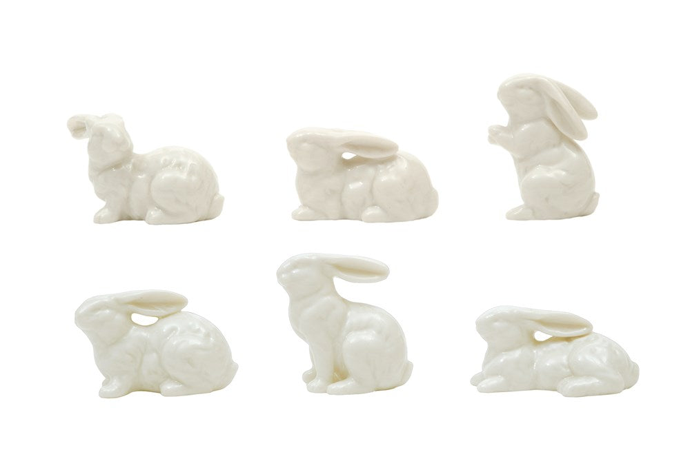 6 assorted bunnies on a white background.